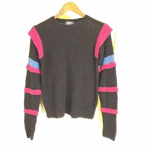 90s Acrylic Sweater - Black with Red & Blue - Sz Small